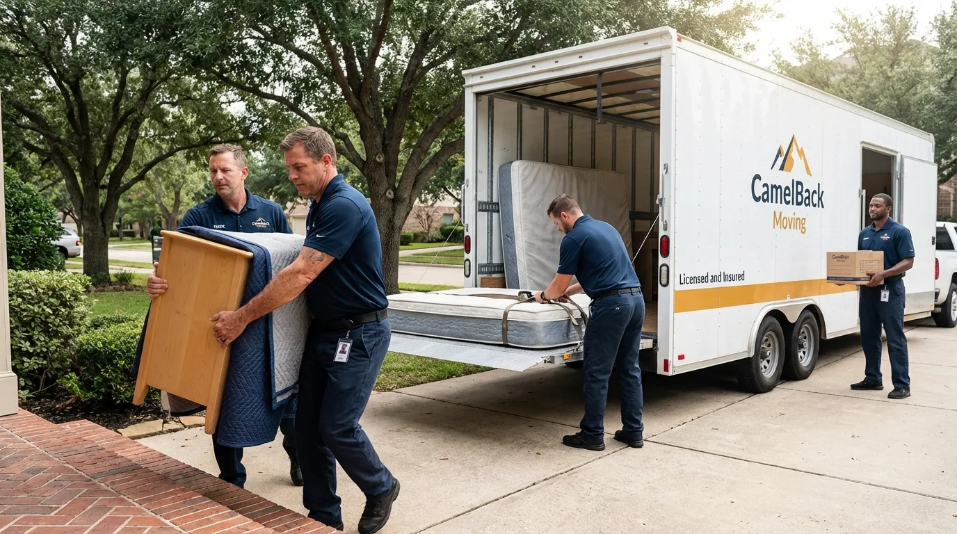 Crew loading residential truck for cross-state move from Medford, WI