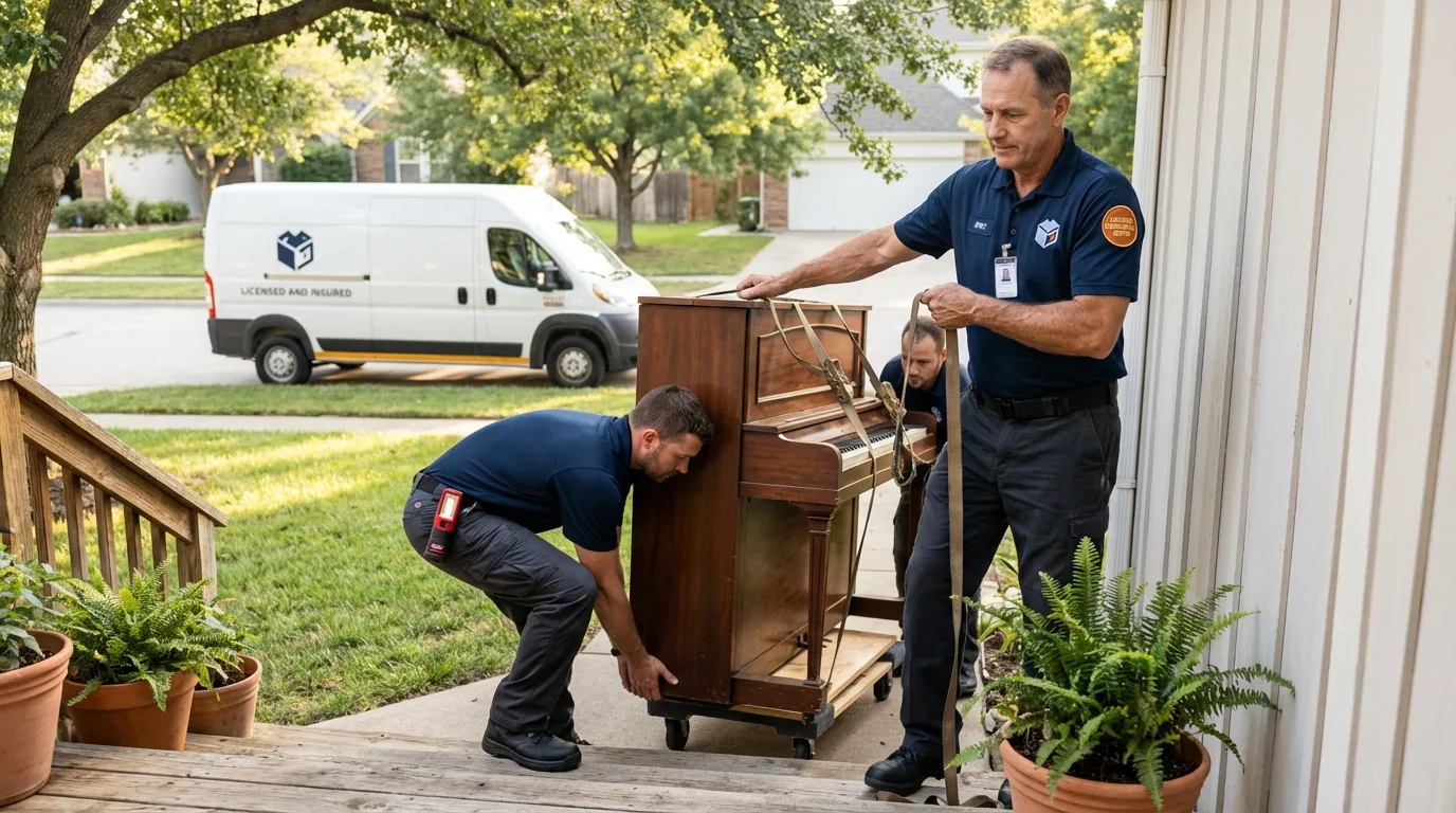 Licensed piano movers securing grand piano in Medford, WI