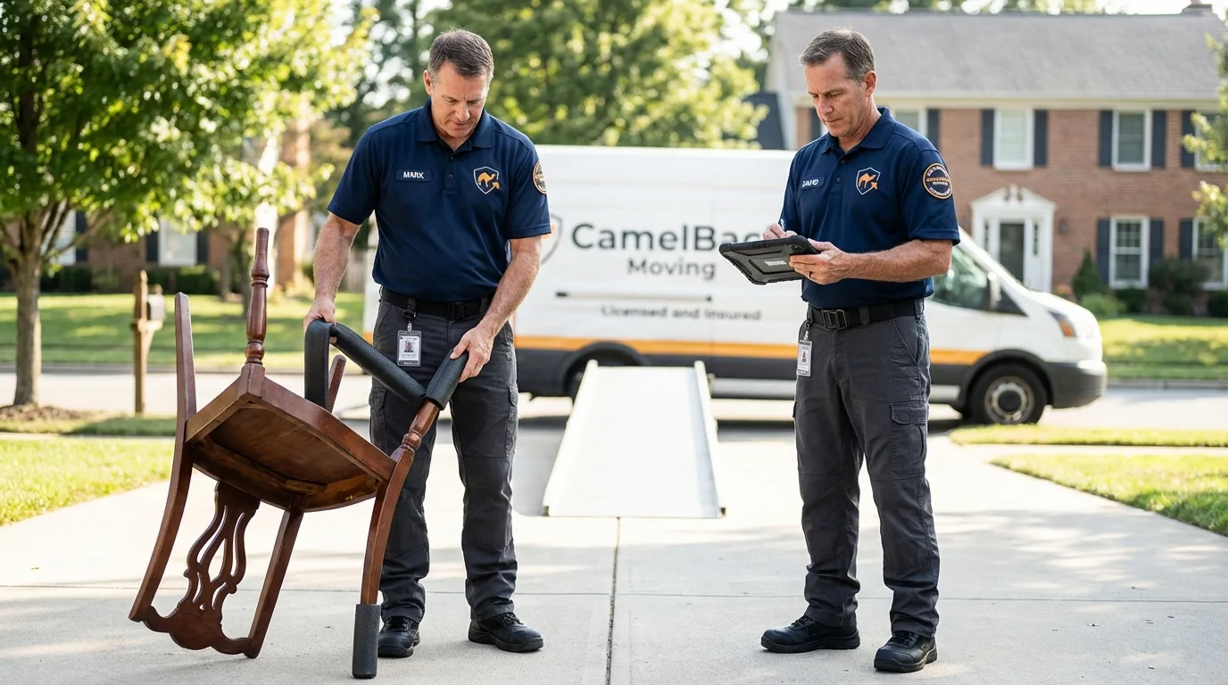 Movers inspecting furniture for damage prevention before loading in Medford, WI