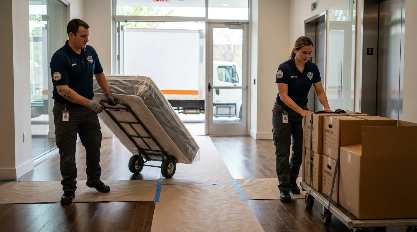 Professional apartment movers loading elevator in Medford, WI