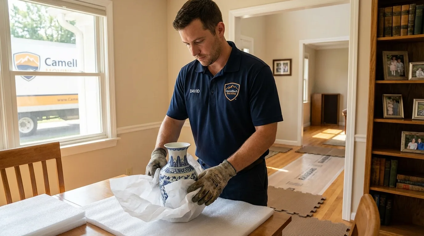 Professional crew carefully wrapping antique vase for senior downsizing move in Medford, WI