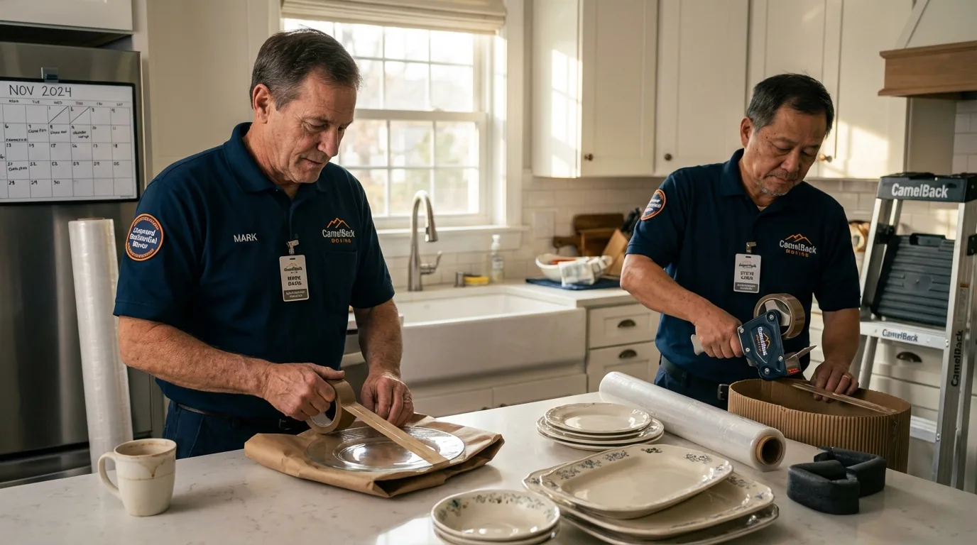 Professional crew packing kitchen dishware in Medford, WI